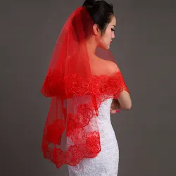 Velo de novia rojo de encaje, coderas cortas, apliques de novia, 2025