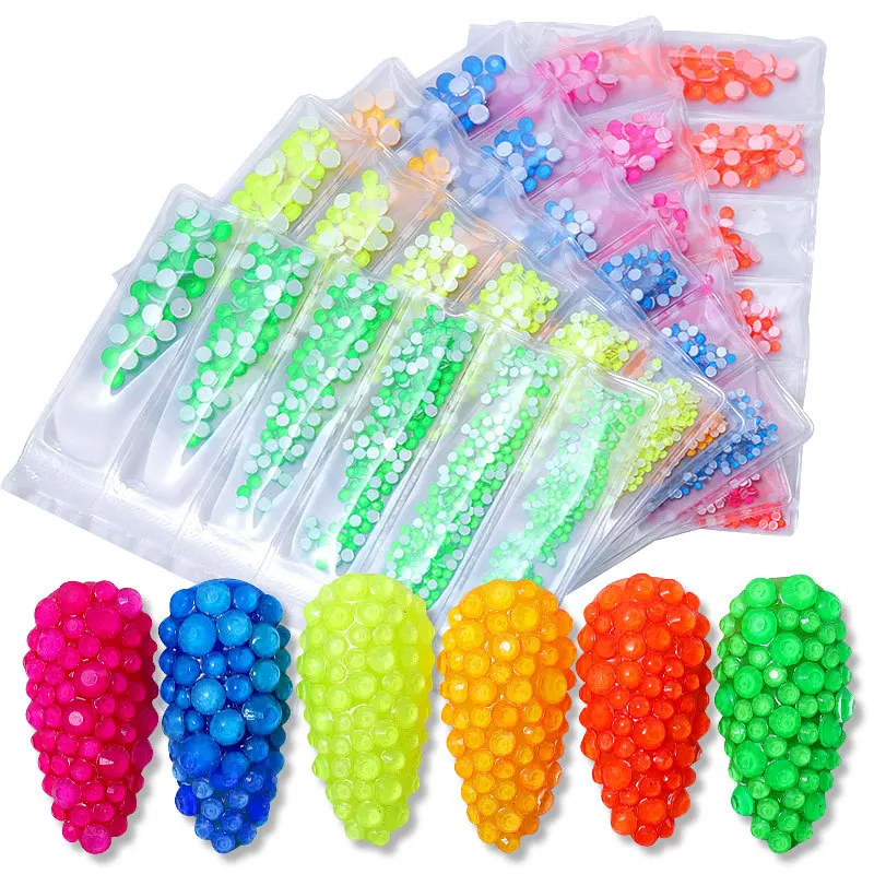 6Grids Fluorescent Rhinestone Neon Decor Gems Mixed Size Nail Art 3D Diamond Crystal Nails DIY Decorations