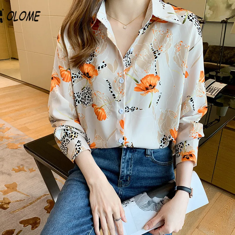 เกาหลีเสื้อผู้หญิงลำลองดอกไม้พิมพ์สุภาพสตรีขั้นพื้นฐานเสื้อหลวมทุกวันสำนักงาน Ol All-Match ผู้หญิงเสื้อชีฟองด้านบน