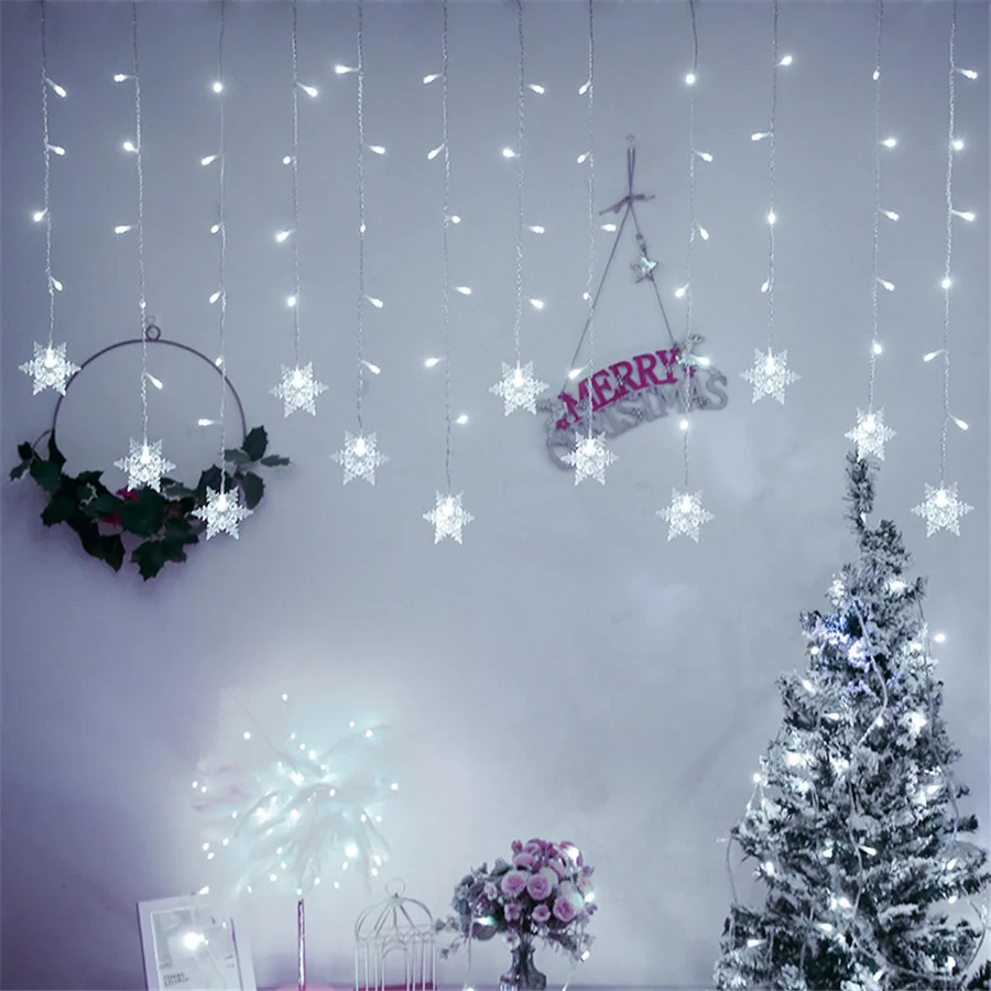 3.5M LED Icicle String Lights Christmas Garlands Snowflake Fairy Lights 8 Modes Window Curtain Lamp For Party Wedding Decoration