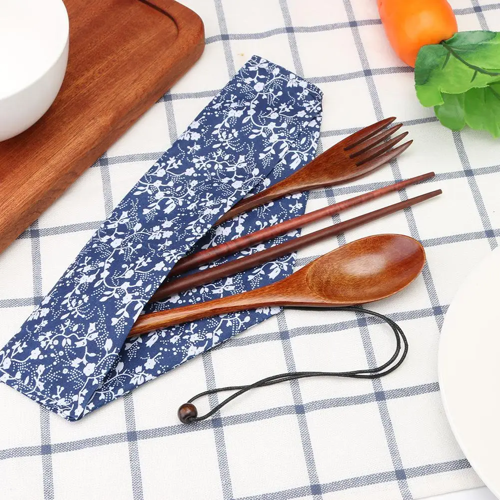 Wooden Cutlery Set Wood Spoon Fork Japanese Style Spoon Fork Chopsticks Set Long Handle Dinner Spoon Portable Tableware with Bag