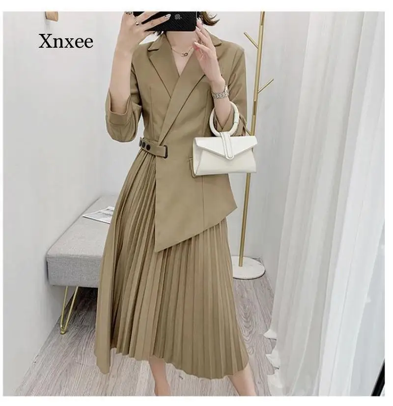 Women Elegant Dresses Blazer Pleated Irregular Length with Button Work Office Ldies Modest Female Fashion Spring Autumn Dress