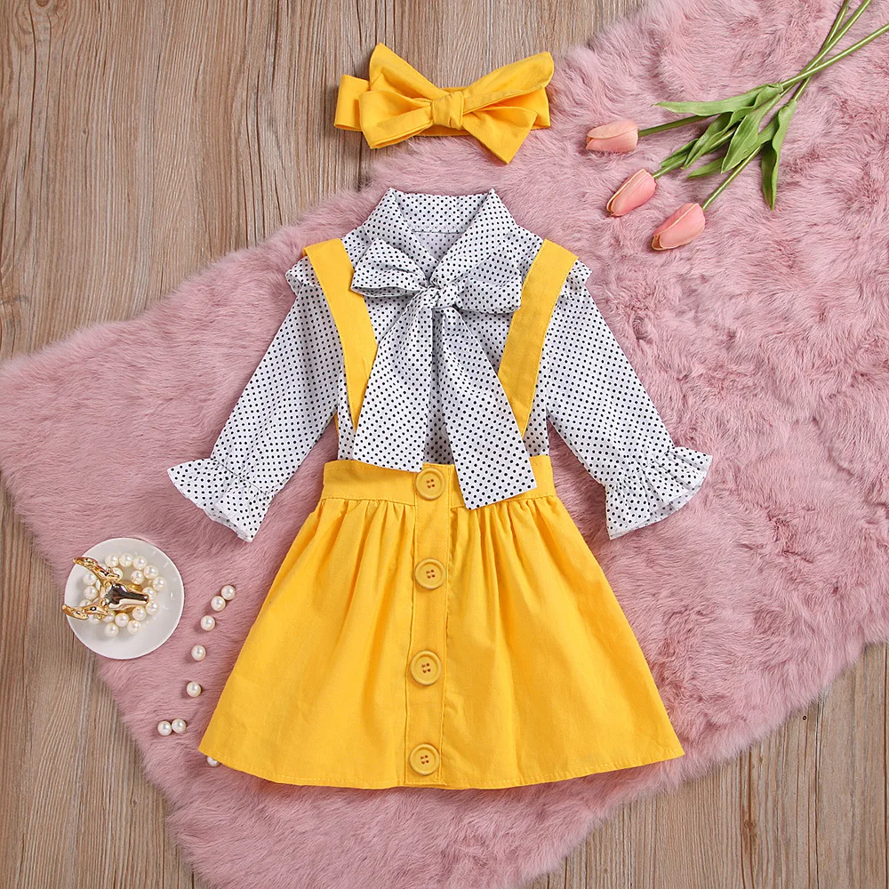 1-6Y Spring Summer Kids Baby Girls Clothes Sets polka Dot Long Sleeve Shirt +Strap Skirt + Headband Girl Outfits Suits Clothing