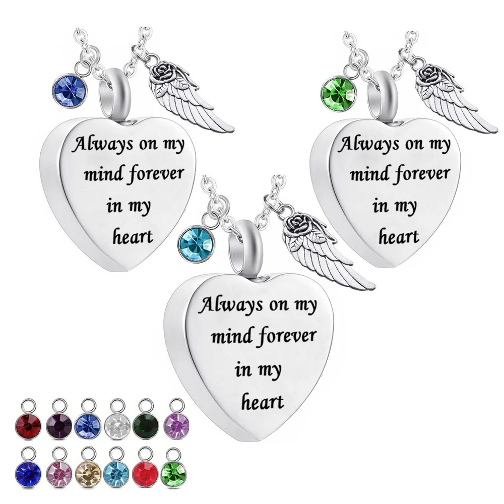 3 Pcs Cremation Urn Necklace Heart Ashes Necklace Angel Wings and 12 Color Birthstones Urn Pendent Keepsake Necklace