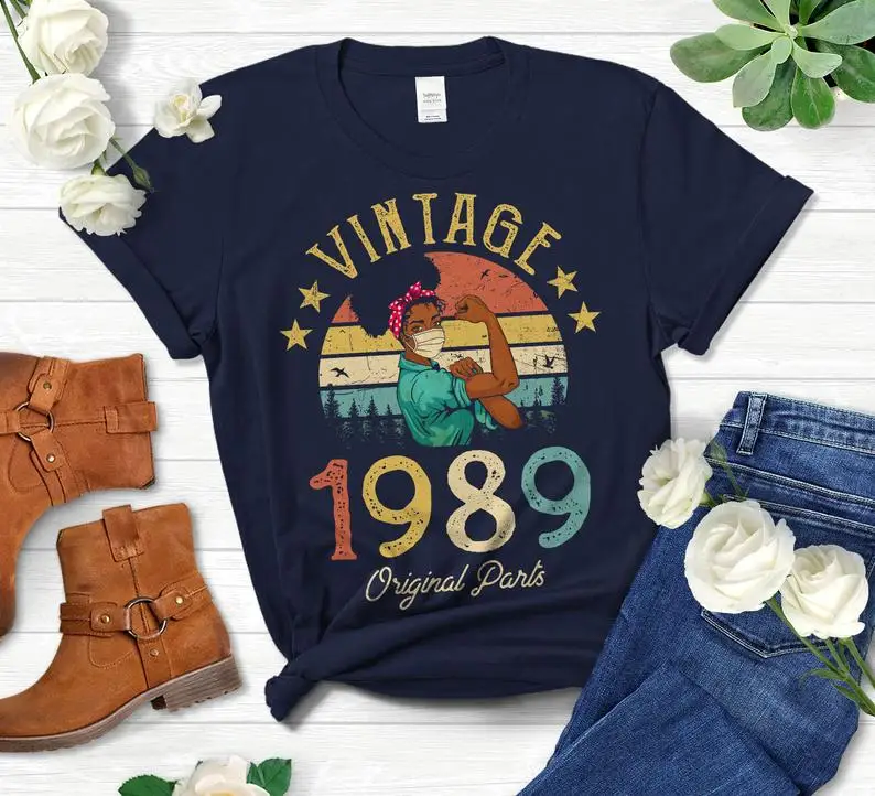 

Vintage 1989 Original Parts T-Shirt African American Women with Mask 33th Birthday Gift Harajuku colored cotton Drop shipping