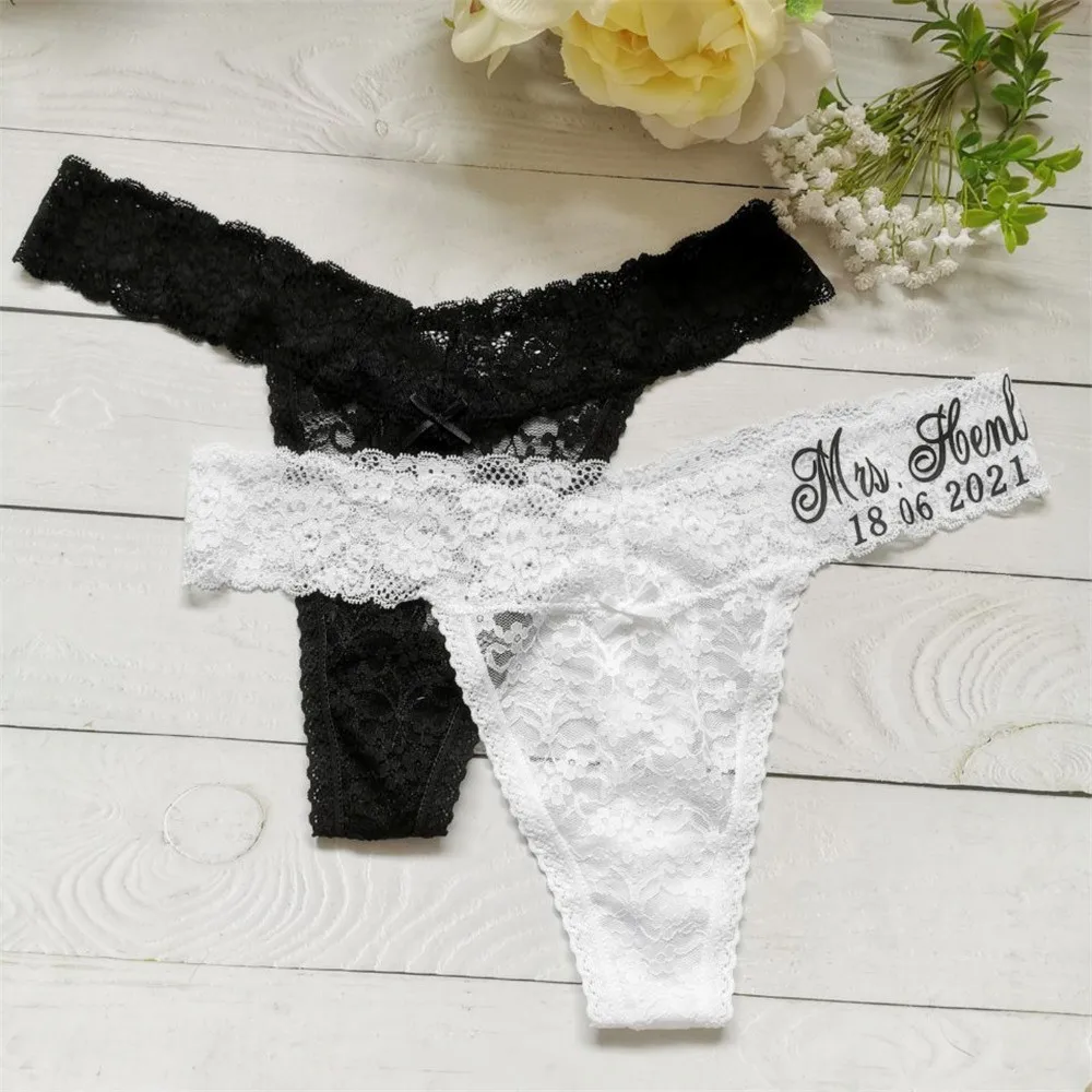 Personalized Name Mrs Wedding Bridal Lace Thong Customize Funny Wedding Gift Underwear Women Sexy Panties Female Lace Lingerie