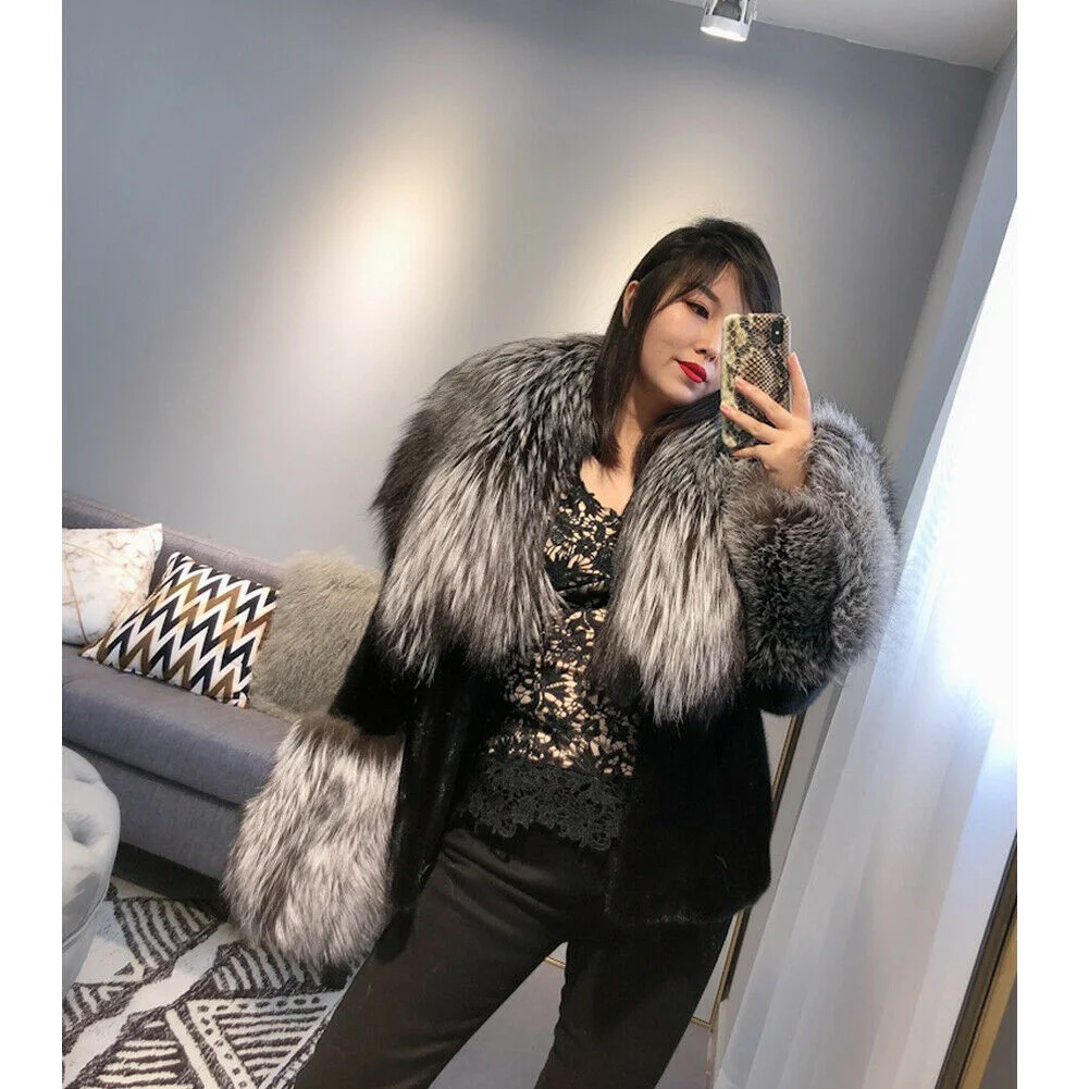 

Trendy Women Real Mink Fur Coat with Silver Fox Fur Lapel Collar and Sleeve Cuffs Winter Trendy Woman Genuine Mink Fur Jacket