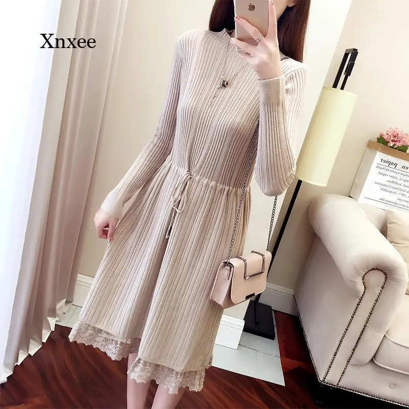 Autumn and Winter Sexy New Women's V-Neck Long-Sleeved Knitted Sweater Dress Long-Sleeved Straight Pullover Slim Dress