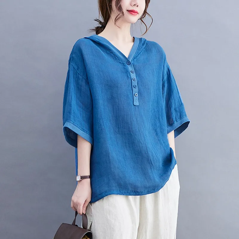 Women Summer Cotton Linen Hooded T-shirts New Arrival 2021 Simple Style Solid Color Loose Female Casual Tops Tees B391