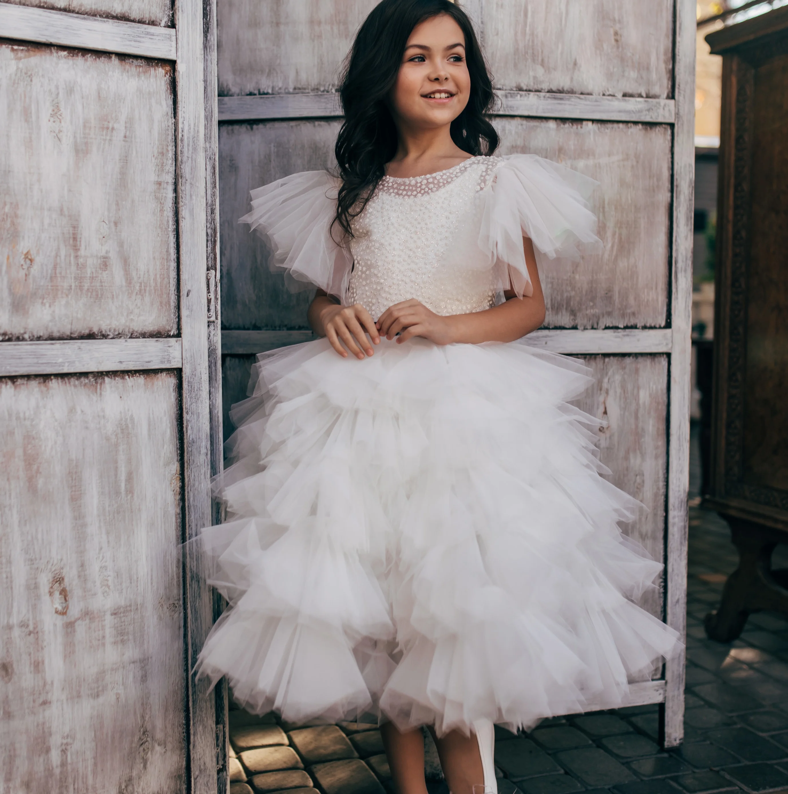 Robe trapèze à fleurs pour filles, en Tulle, à volants, sur mesure, à manches courtes, cadeau d'anniversaire pour petits enfants, robe de concours à plusieurs niveaux