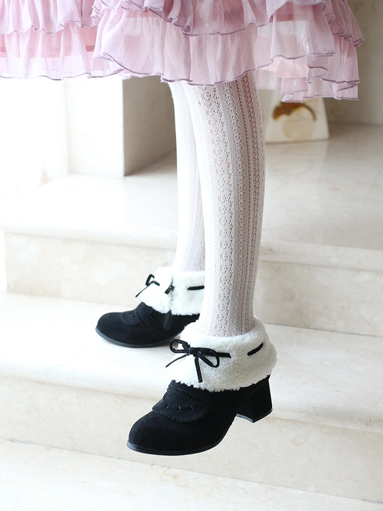 Warm Winter Lolita Shoes Plush Snow Boots Princess Short Boots Plus Velvet Women Shoes Cute Bowknot Kawaii Anime Loli Girls Boot