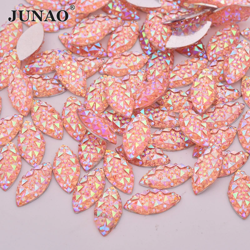 JUNAO 100Pcs 7*15mm Aquamarine AB Resin Rhinestones Sticker Flat Back Crystal Stone Applique Non Sewn Diamond For Crafts