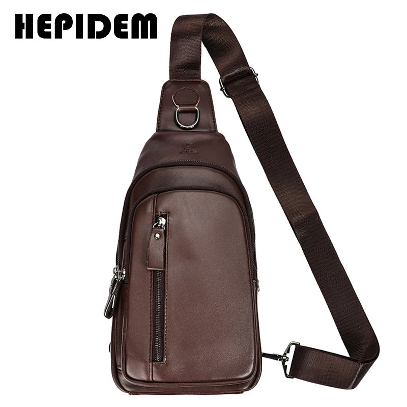 HEPIDEM Genuine Leather Men Casual Fashion Crossbody Chest Sling Bag Design Travel One Shoulder Bags Daypack Male 6027