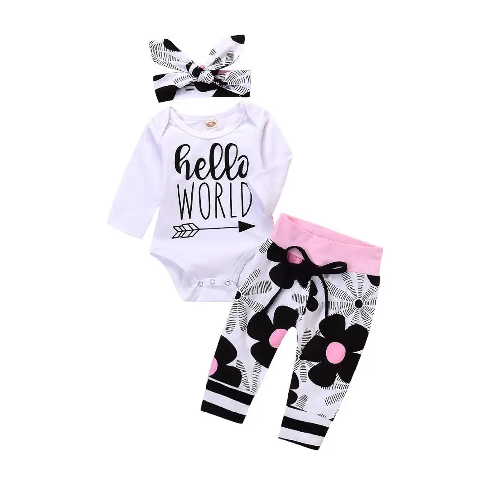 

3Pieces Newborn Baby girl clothes sets Letter printed Hello World Tops Romper+Floral Pants+Hat Infant girl clothing outfit