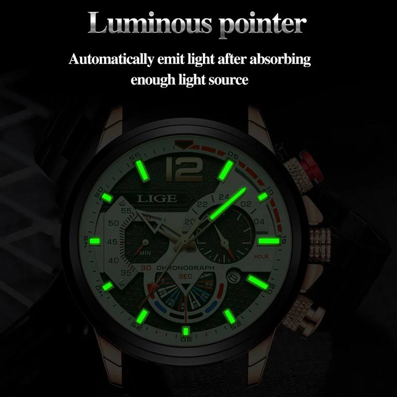 LIGE Watch Men Luxury Watch for Men Quartz Military Watches Fashion Chronograph Wristwatch Waterproof Leather Date Clock Man+Box