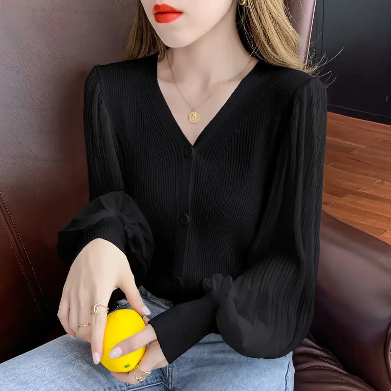 Short Women Blouse Patchwork Knitted Chiffon Shirt Office Lady Commute Button V-Neck Lantern Long Sleeve Vintage Elegant Blouse