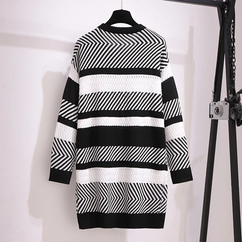 New 2021 Ladies Autumn Winter Plus Size Knit Tops For Women Large Pullover Long Sleeve Black Stripe Sweater 3XL 4XL 5XL 6XL 7XL