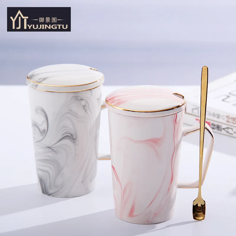 Marble Mug with Lid and Spoon Coffee Self Stirring Mug 12OZ Ceramice Marble Cup Mug for Cafe or Tea  Choice DropShip