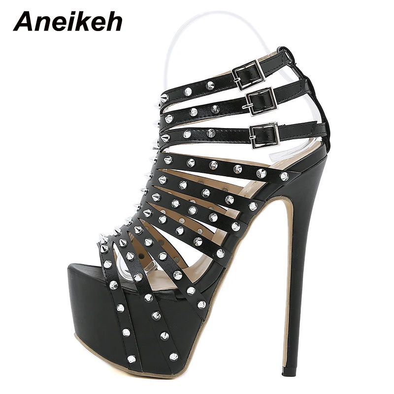 Aneikeh Gladiator Rivet Women High Sandals Summer Sexy Stripper 2024 17.5CM Thin Heels Shoes Platform Fashion Narrow Band Pumps