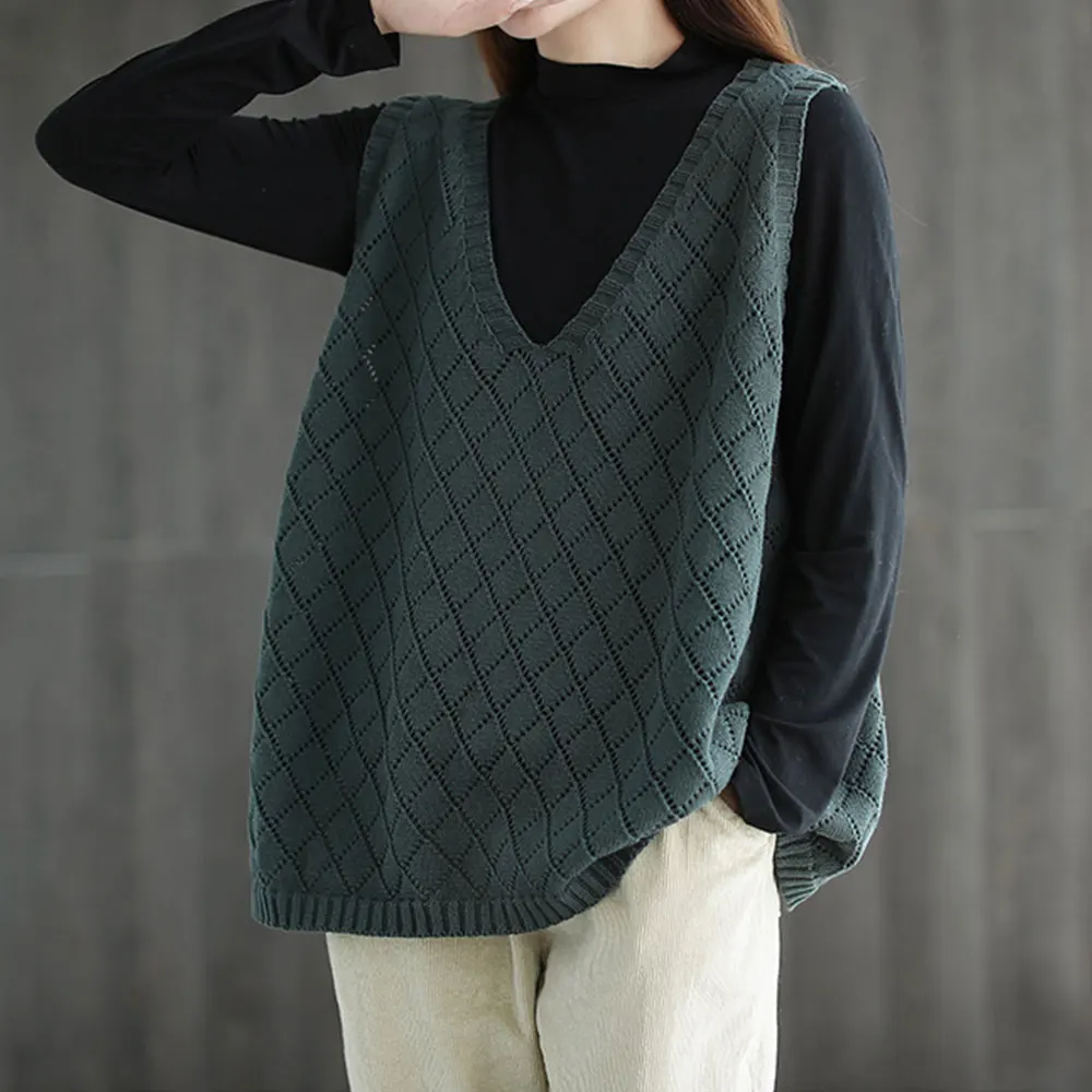 Vintage Plaid Knitted V Neck Women Vest Sweater Loose Casual Solid Sleeveless Basic Tops Oversized Pullover Female Blouse Jumper