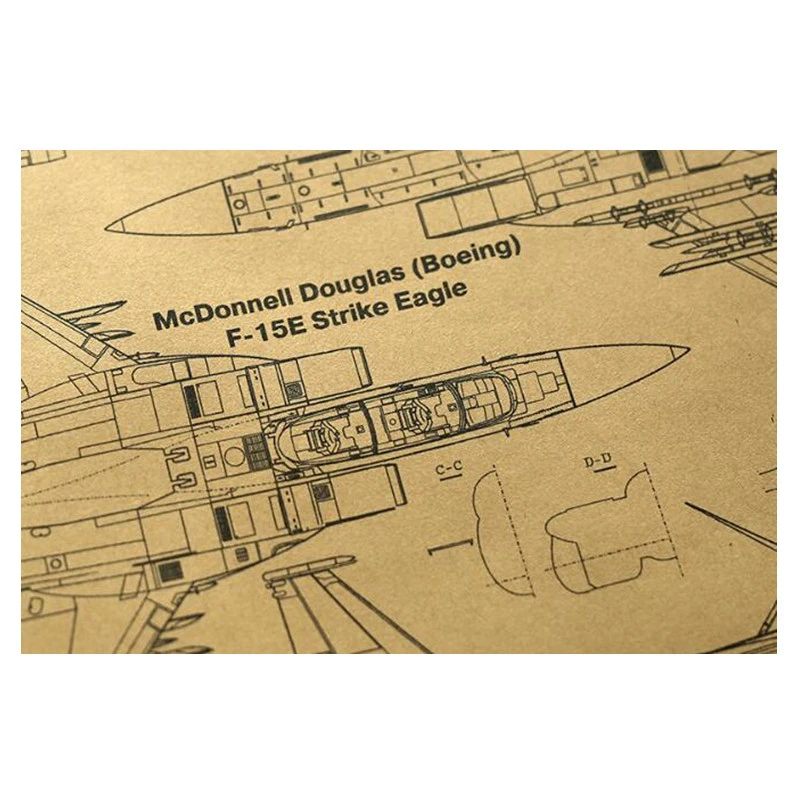Vintage F15E Strike Fighter Poster Mechanical Map Design Drawing Room Decoration Stickers Wall Decor Kraft Paper Wall Sticker