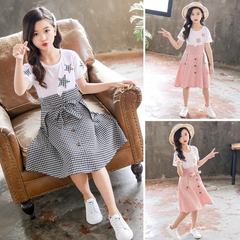 2024 summer teenager Kids Dress Girls clothes Princess Dresses Children Plaid Clothes high waist 4 5 6 7 8 9 10 11 12 Years Old