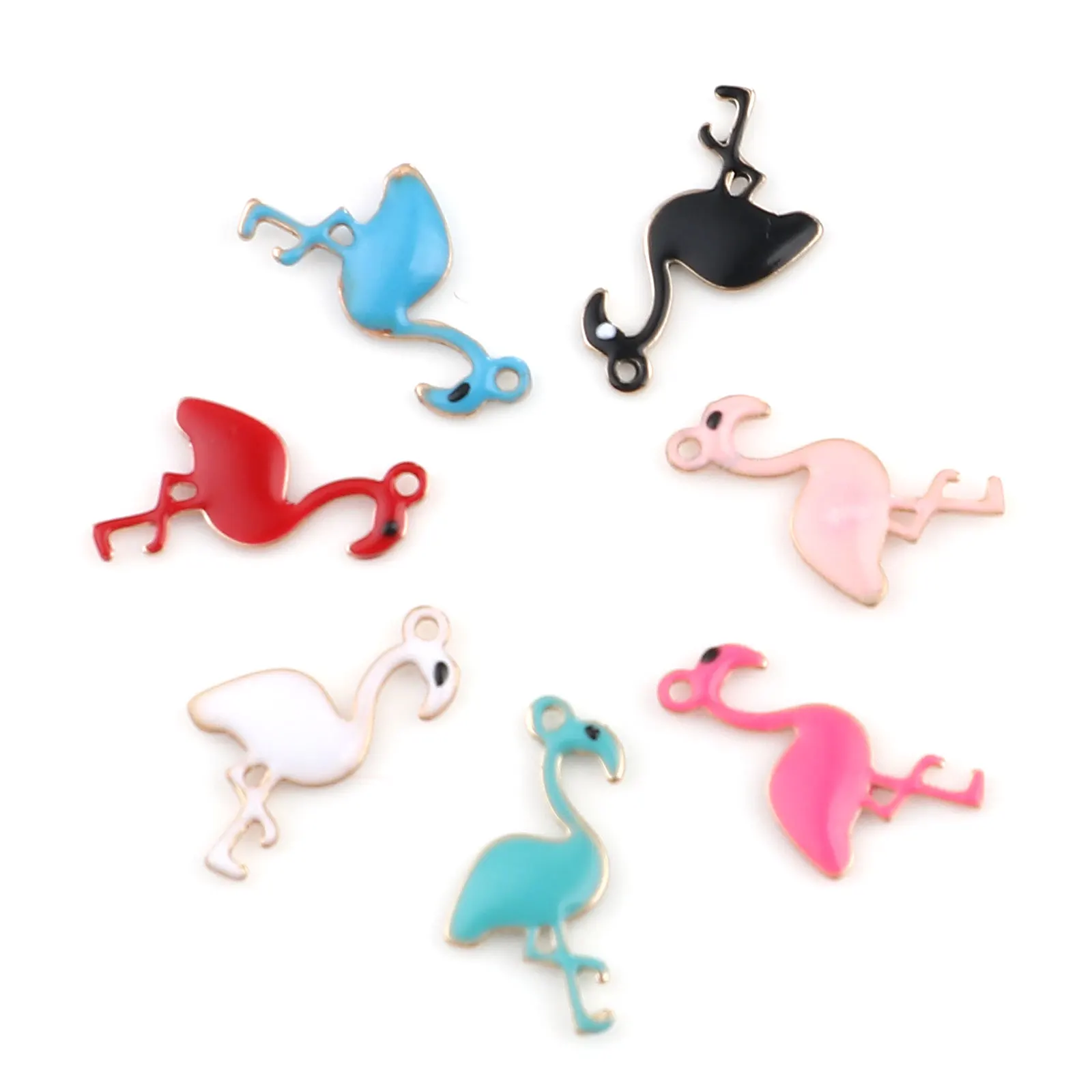 5pcs Double Faced Enamel Flamingo Charms Copper Bird Animal Enamelled Sequins Pendants Gold Color DIY Earring Accessories 14x7mm