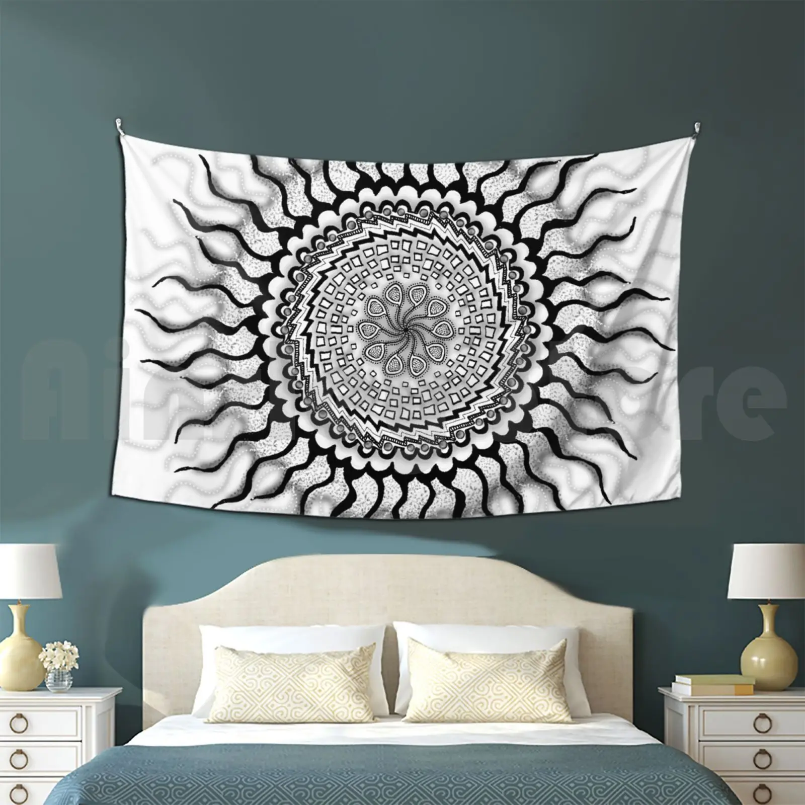 Mandala #21 Tapestry Background Wall Hanging Mandala Black Grey White Wiccked 10 Points Tentacle Square Boxes Shadows