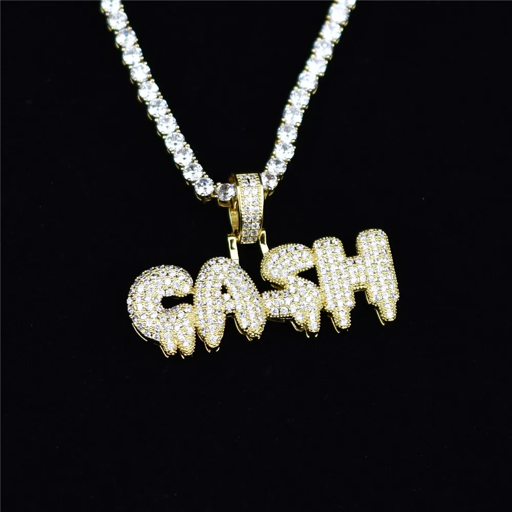 

Hip Hop Bubble Letter CASH Necklace&Pendant Gold Silver Color Iced Out Cubic Zircon Bling Jewelry Necklaces Gifts for Men Women