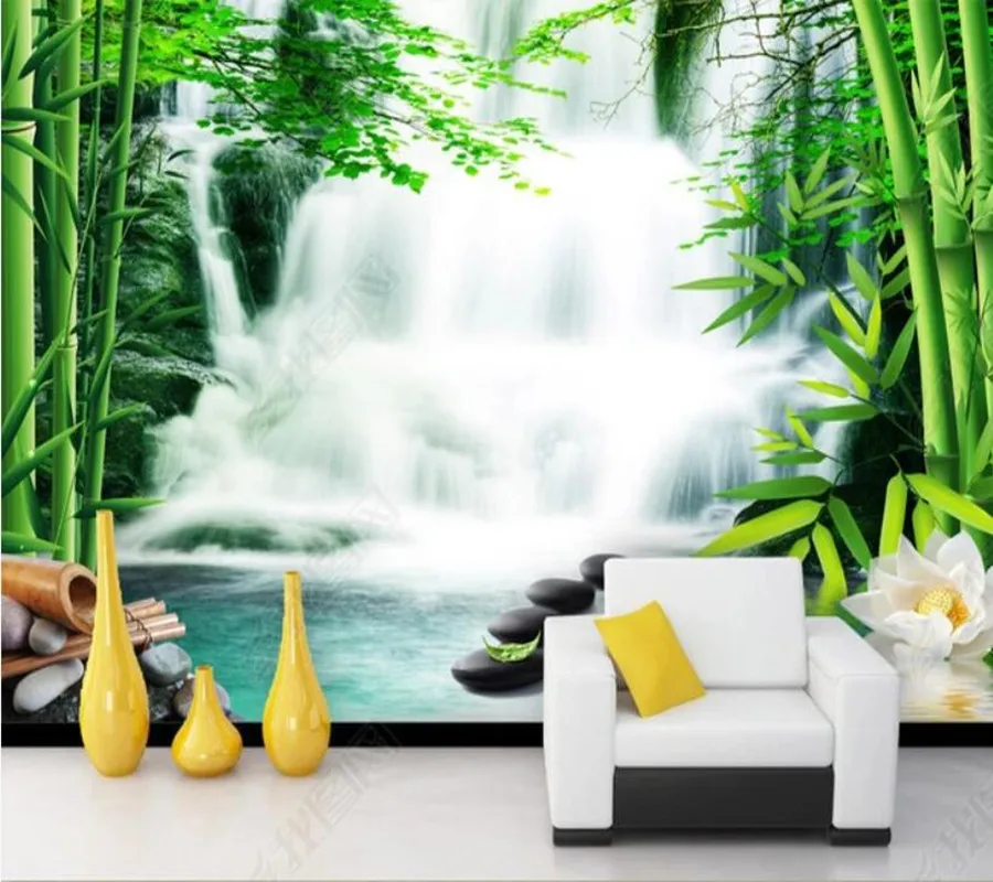 

Papel de parede Bamboo Forest Qingquan Waterfall Lotus 3d wallpaper mural,iving room tv wall bedroom wall papers home decor