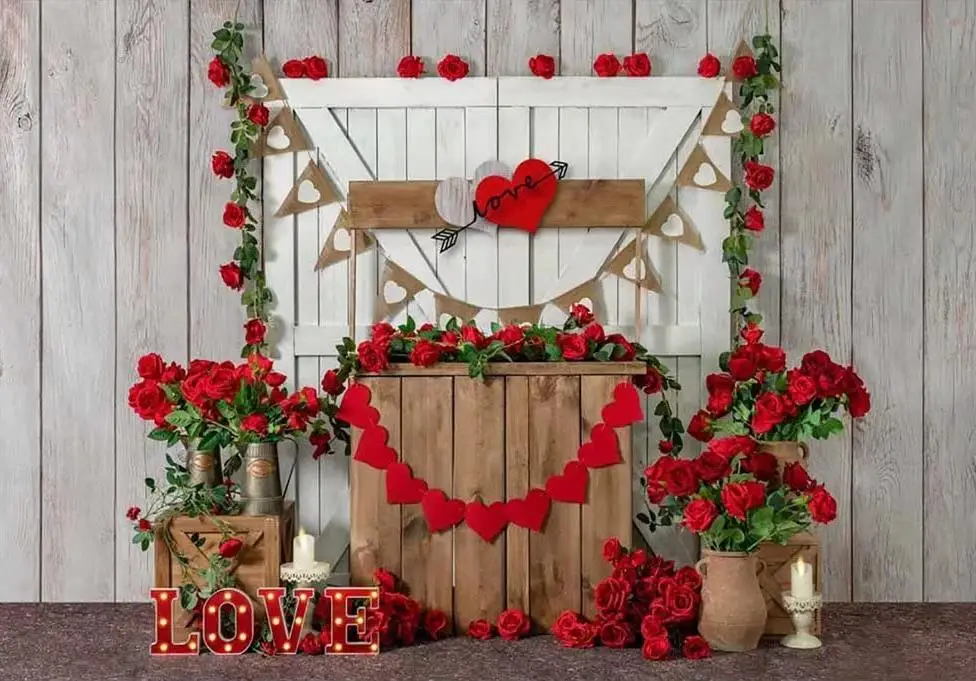 Valentine's Day Photography Backdrops Banner Romantic Red Rose and Love Hearts Couples Home Decorations Wedding Background Props