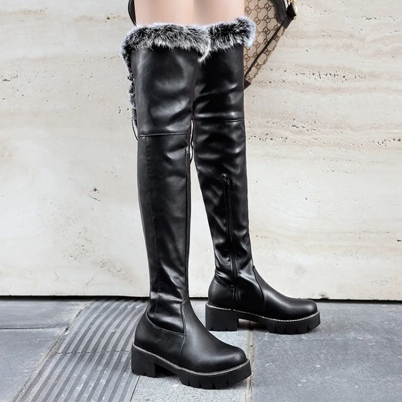 winter The New Rabbit hair fashion Round head High tube Over the knee boots Plus velvet Keep warm High heel Women boots