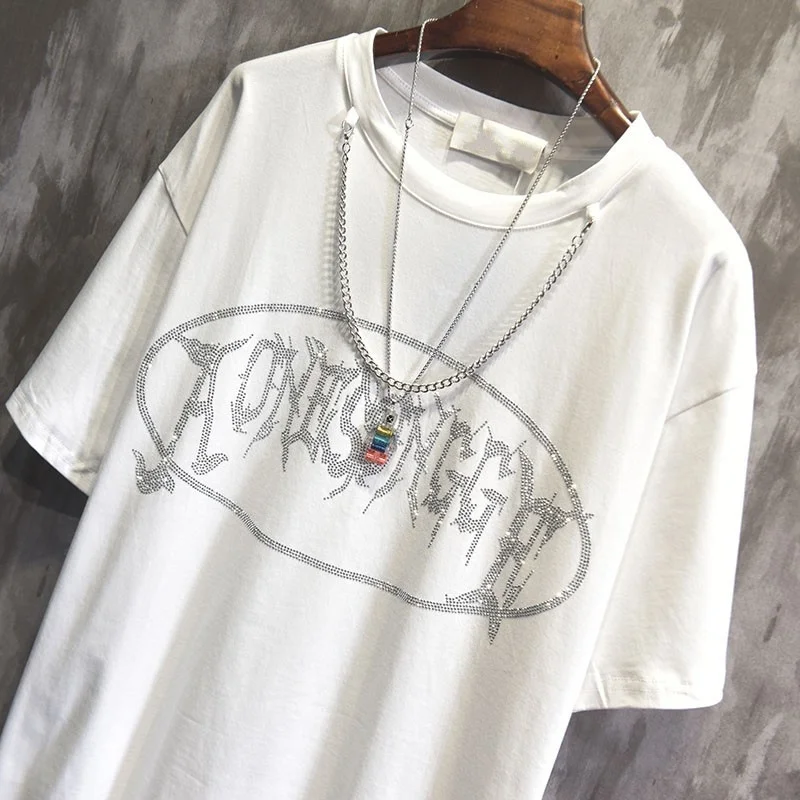 Mens Summer Fashion Diamonds Letters T-Shirt High Street Loose Fit Casual Short Sleeve Tees Tops Chain Design Pullover T-Shirts