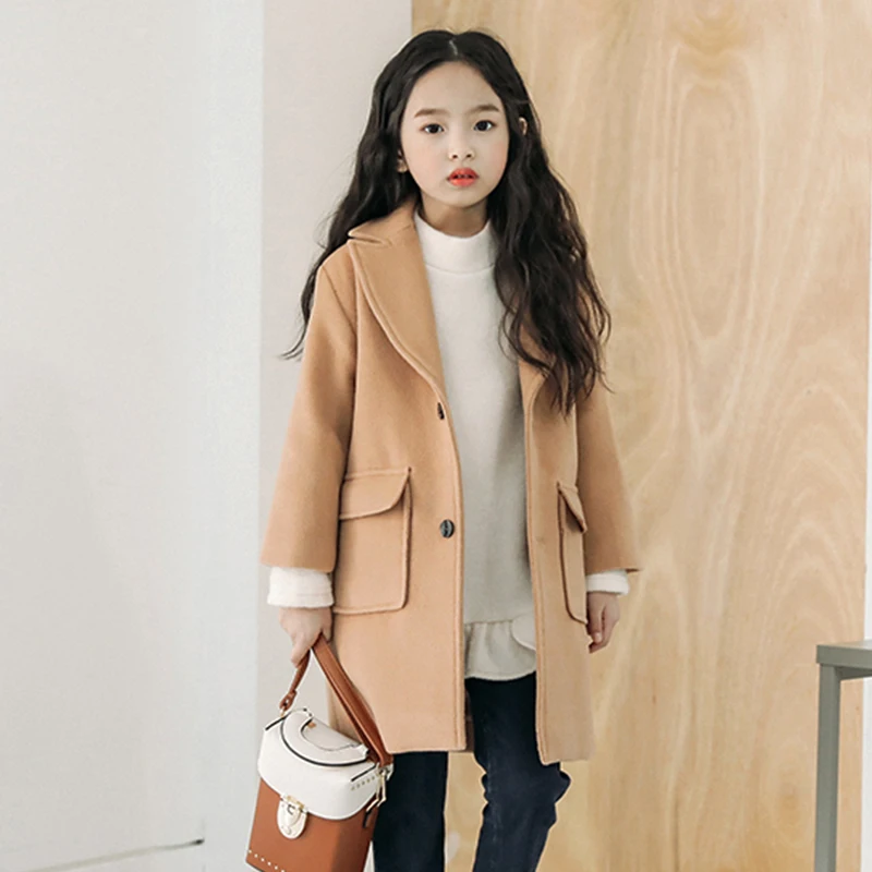 Hot Korean Girls Woolen Jacket Clothes Overcoat Fall & Winter New Teenager Kids Medium-Long Wool Coat Children's Outerwear P270