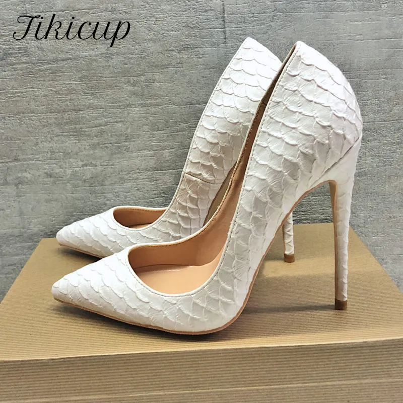 Tikicup White Crocodile-Effect Women Sexy Pattern Stiletto High Heels 12cm 10cm 8cm Customize Lady Pointy Pumps Chic Party Shoes