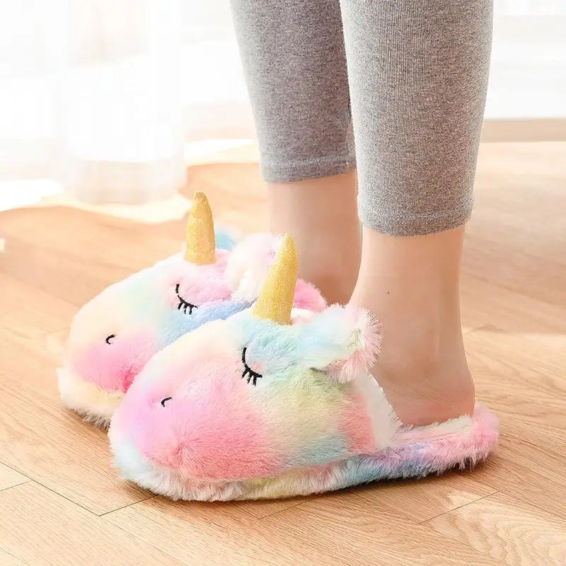 Hot Girl\'s Home Lovely Plush Soft Shoes Women Indoor Warm Colored Cartoon Unicorn Slippers Ladies Funny Furry Comfortable Slides