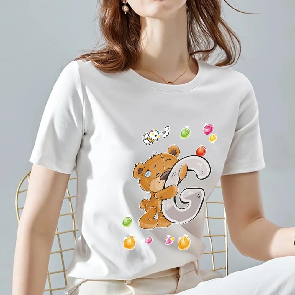 T-shirt blanc à col rond pour femme, vêtement de ville, décontracté, Simple, 26 lettres anglaises, avec motif d'ours imprimé, offre spéciale