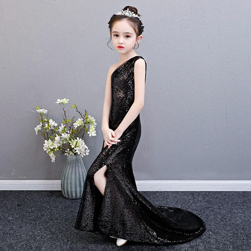 Black Sequin Mermaid Dress Age For Teenage Girls One-shoulder  Vintage Noble Graduation Gowns Evening Party Kids Frocks