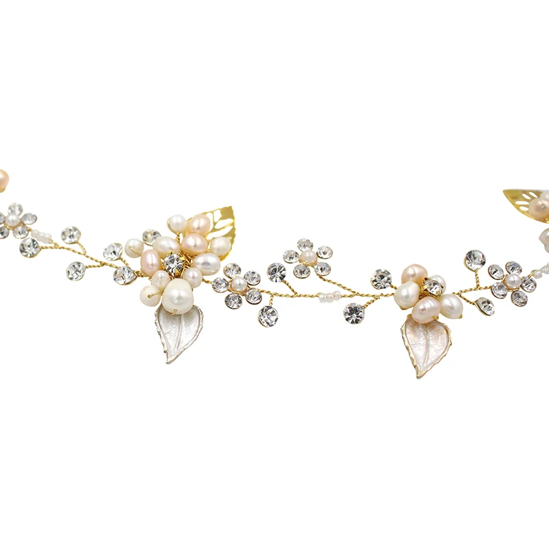 O523 Handmade Gold Leaves Rhinestone and Freshwater Pearl Flowers Women Headbands Hairbands With Ribbon