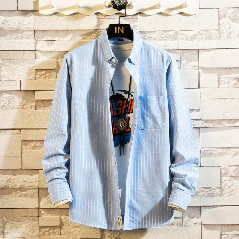 Men's clothing Long sleeve man shirts Cotton clothes Lattice shirt Korean clothing  men's fashion Beach Oxford Stripe shirt Top