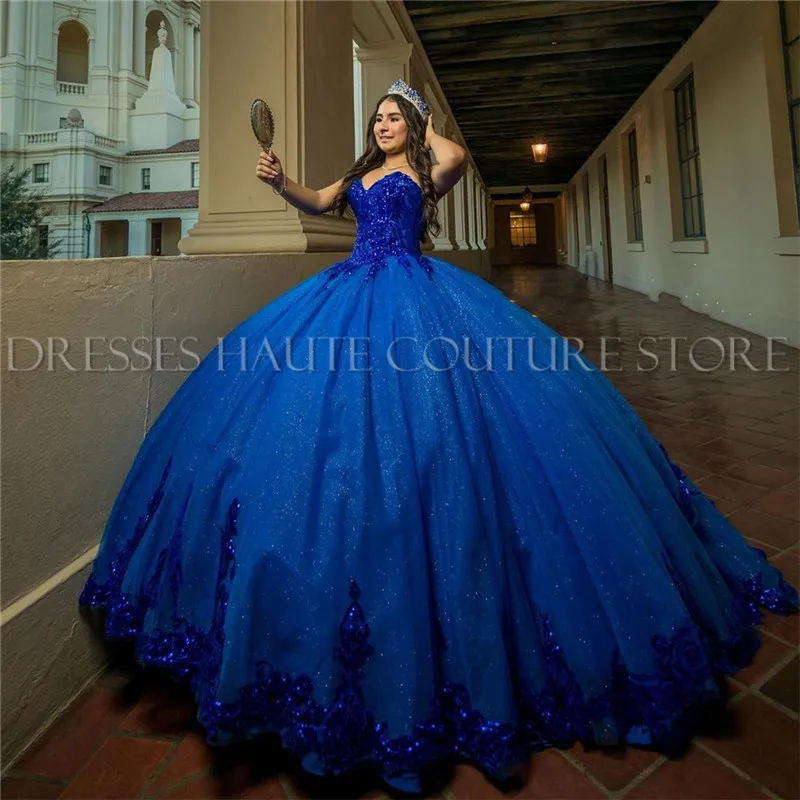 Vestidos de Quinceañera de princesa azul real, lentejuelas, encaje, cuentas, escote Corazón, cordones, corsé, fiesta de cumpleaños, dulce 16, 2023