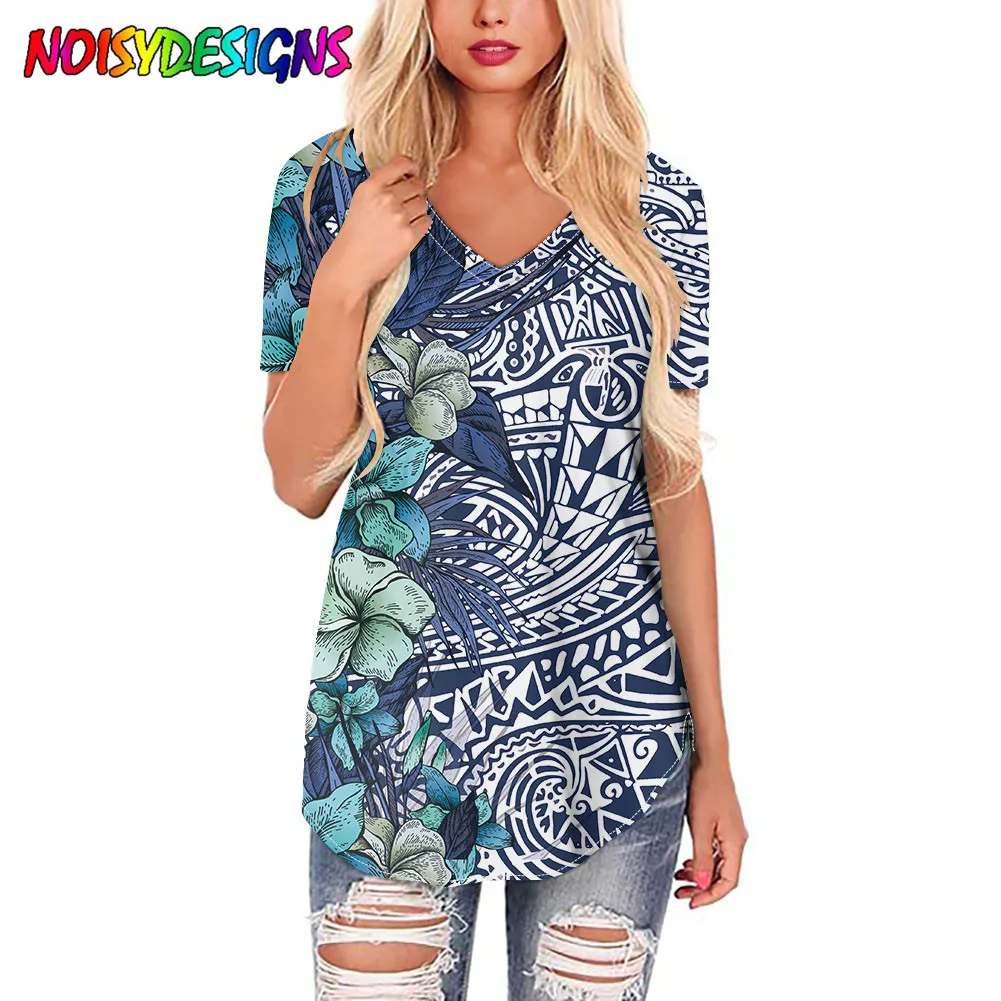 NOISYDESIGNS New T-shirts Women 2021 Polynesian Hawaii Hibiscus Print Tshirts Women V Neck Short Sleeve Lady Girl Funny Hipster