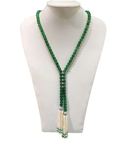 Super beautiful natural 8mm green jade freshwater pearl tassel necklace