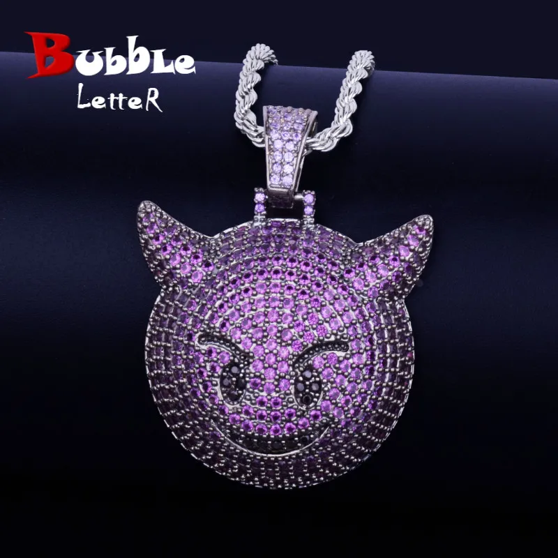 Purple Color Demon Evil Expression Necklace & Pendant Bling Zircon Fashion Hip Hop Rock Street Jewelry