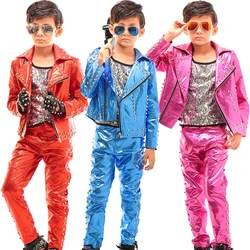 Jazz Dance Costume Boys Hip Hop Clothes Leather Rivet Jacket Pants Street Dance Performance Outfit Shining Stage Suit DNV14077