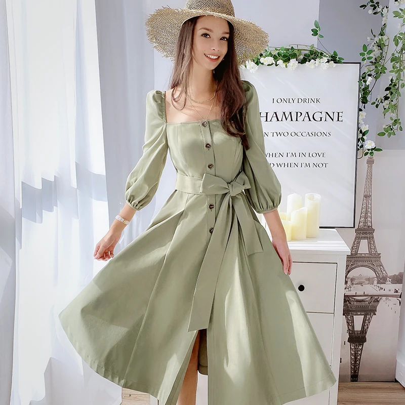 Dabuwawa Elegant Vintage Women Dress Early Autumn Puff Sleeve Square Neck Ruffles Pink Dresses Casual Long Dress DO1ADR040