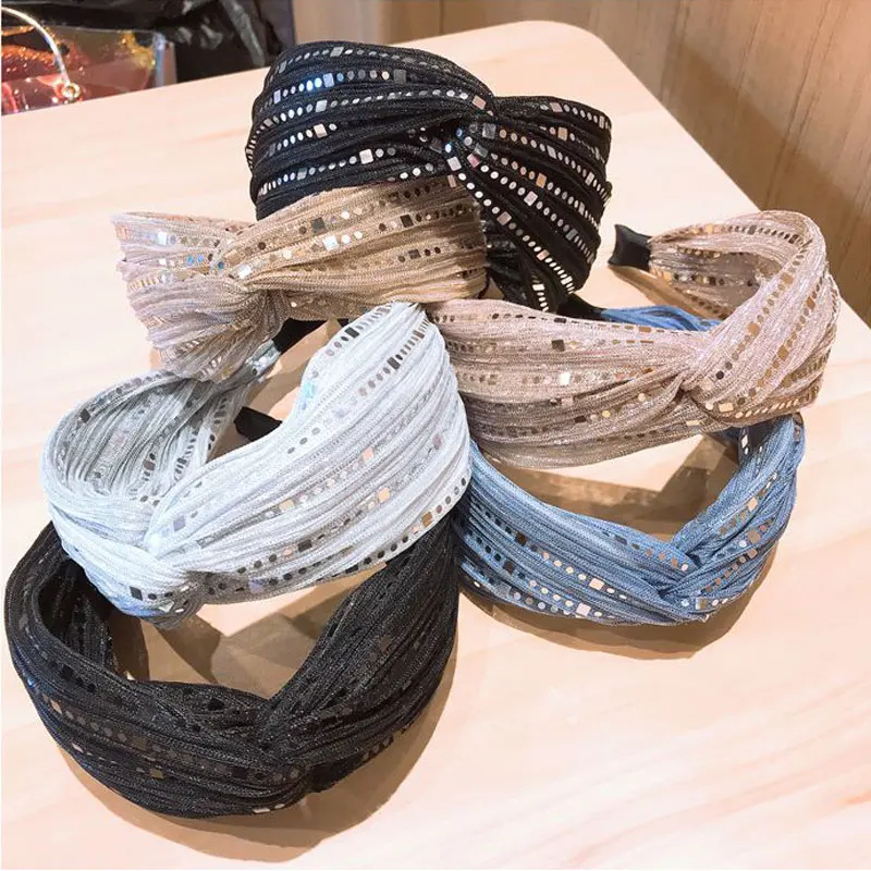 

Женская Кружевная повязка на голову, универсальная широкая повязка на голову с блестками, аксессуары для волос в Корейском стиле