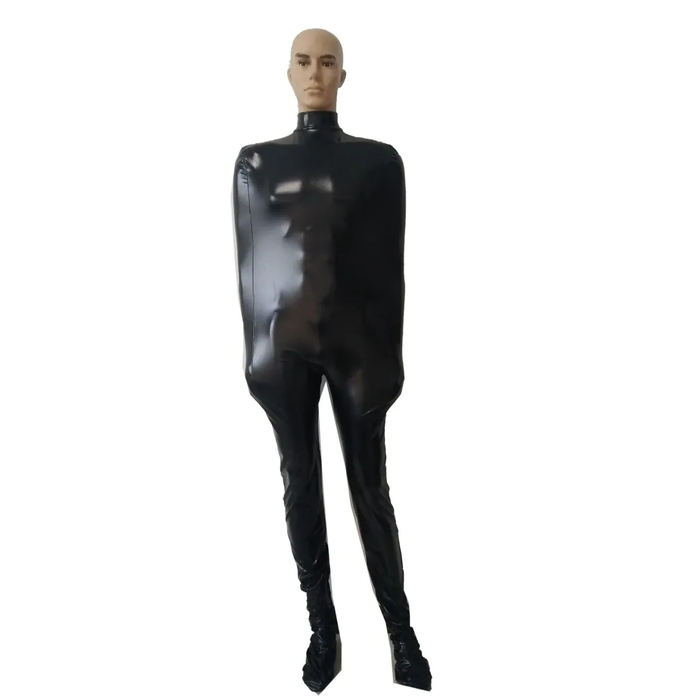 Sexy preto masculino brilhante metálico elastano zentai catsuit com manga interior adulto cosplay perna dividida múmia vestido fantasia sem capuz