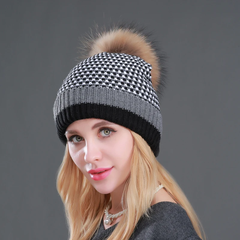 CNTANG 2024 New Double layer Plus Velvet Warm Hat Winter Knitted Beanie Fashion Hats For Women Natural Raccoon Fur Pompom Female