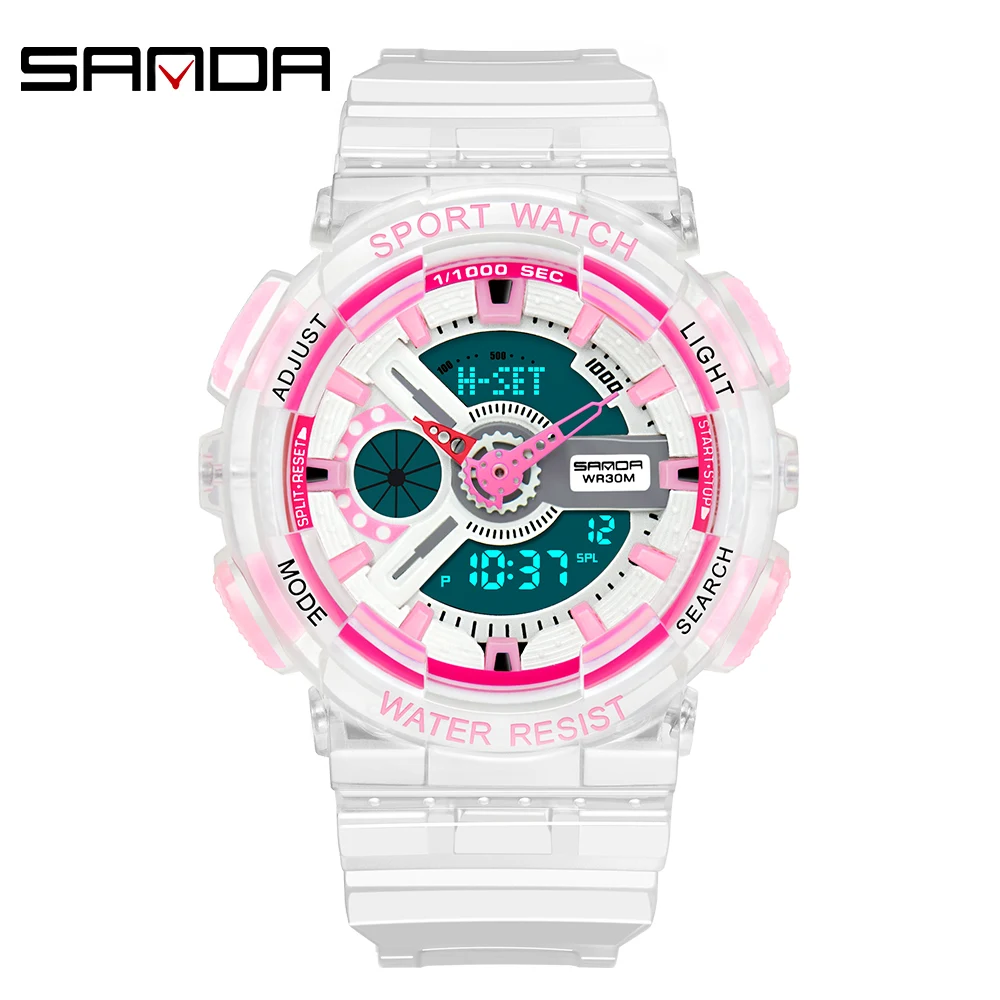 Fashion Sanda Top Brand Women  Transparent Watches Waterproof Multi-function Luminous Sports Double Display Couple ElectronicBr